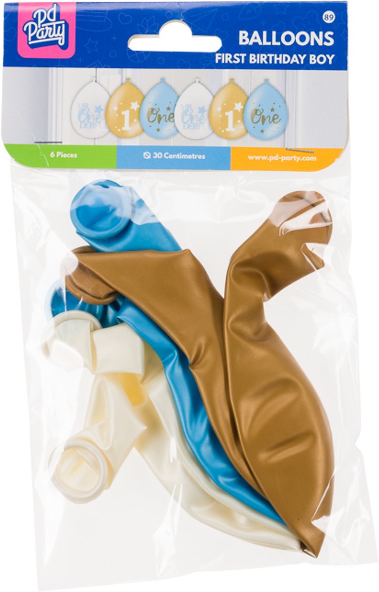 Set feestversiering | 6 ballonnen | 2 Flagbanners 6 meter | thema First Birthday Boy | Voordeelpakket